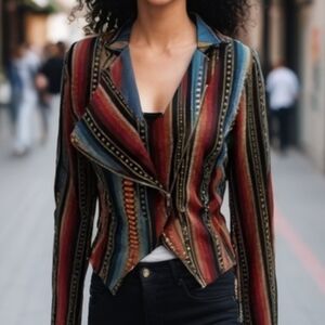 Y2K SABINE BOHO COTTON BLEND CROPPED JACKET BRIGHTLY COLOR STRIPED ON BLACK SZ L